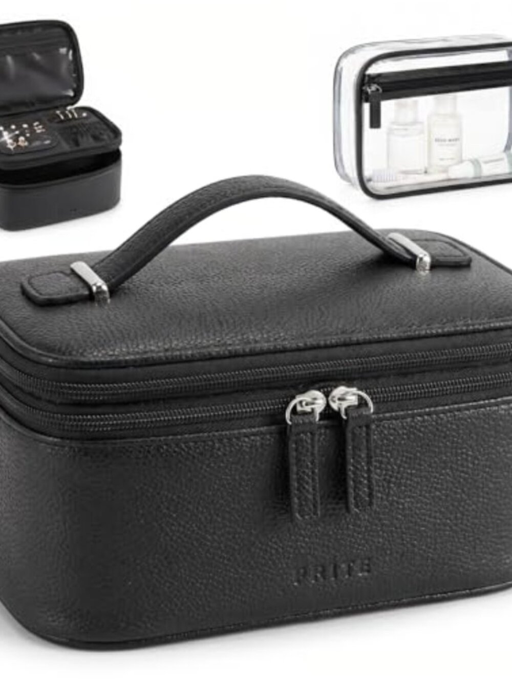 2 Pc Makeup Bag Set Faux Leather Travel Cosmetic Case Clear Toiletry Bag